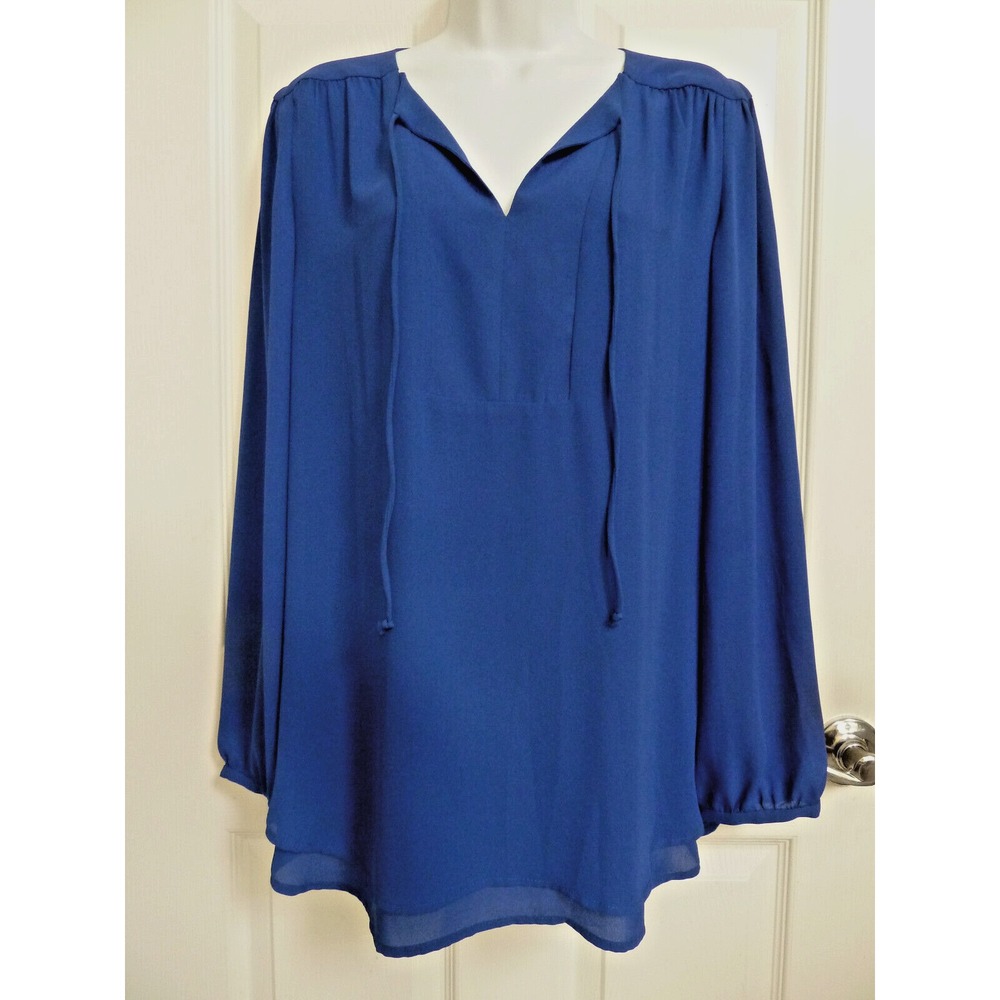 Chico's Royal Blue Long Sleeve V-Neck Blouse Gathered Back Career Top Size 2 L